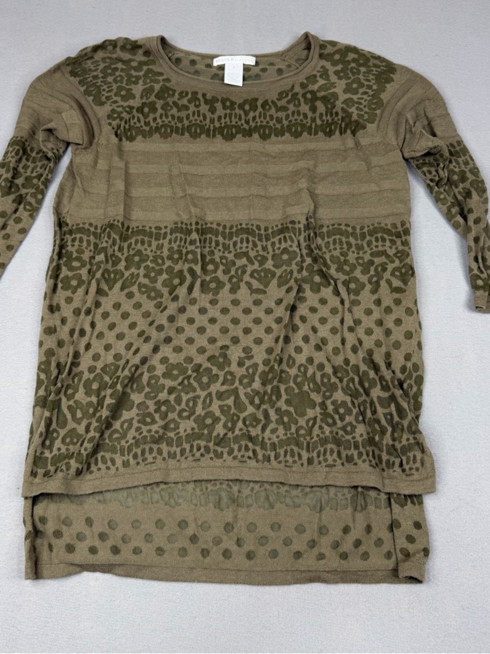 Design History Tunic Top Womens S Olive Leopard Floral Sheer Knit High Low Boho
